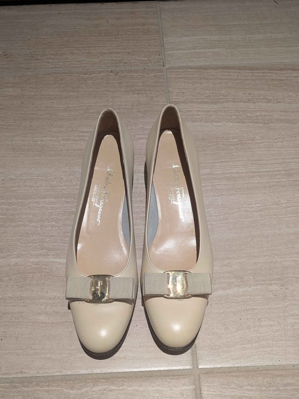 Salvatore Ferragamo Beige Bow Pump with Gold Buckle